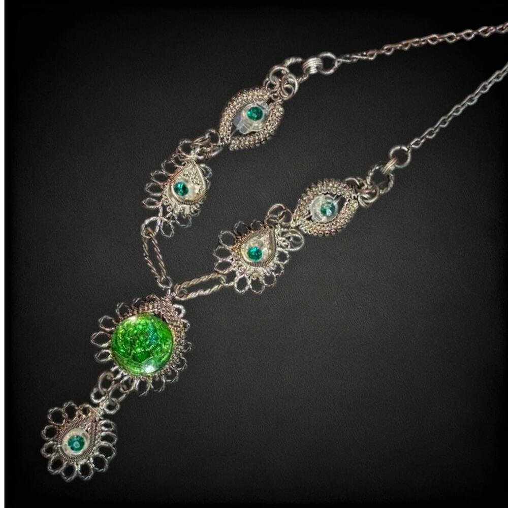 Antique 19th Century Silesian Iron Wirework Necklace Green Czech Glass